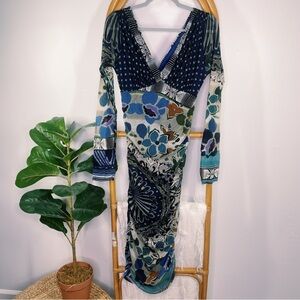 Fuzzi Blue and Purple Abstract Patterned Bodycon Midi Dress sz 18